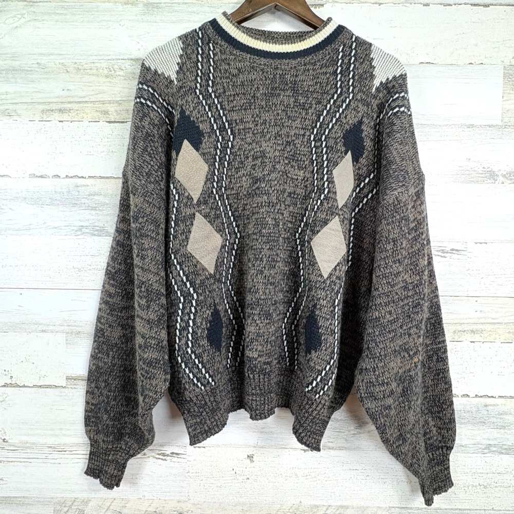 Vintage‎ Playboy Argyle Suede Patch Sweater Mens XL Brown Black Knitwear Grandpa